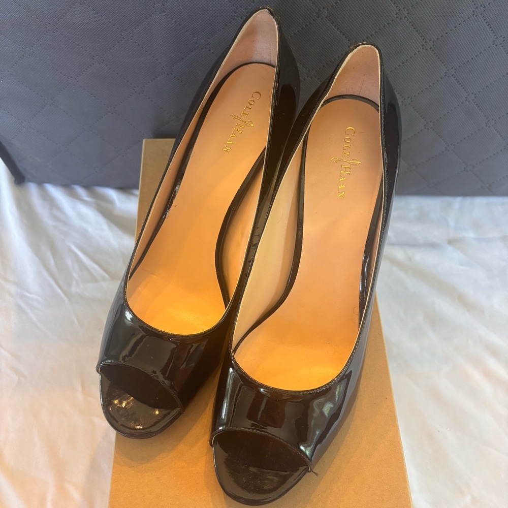 Cole Haan Air Lainey Open Toe Pump Black Patent Leather Nike Air Heels D40037